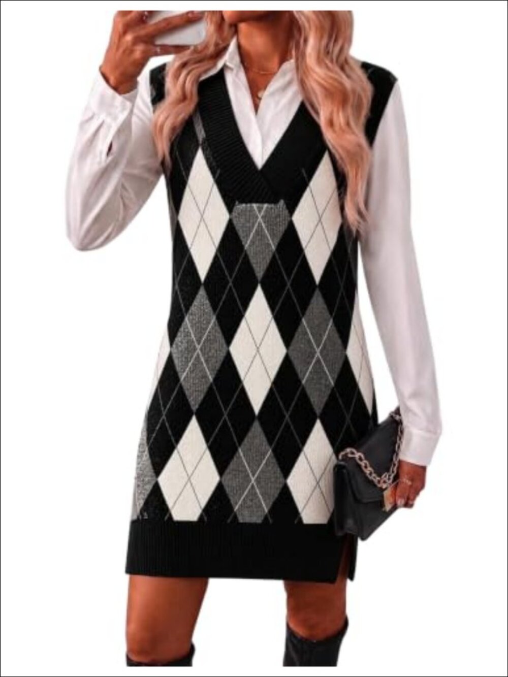 V Neck Sleeveless Knit Sweater Vest Dress Oversized Casual Pullover Short